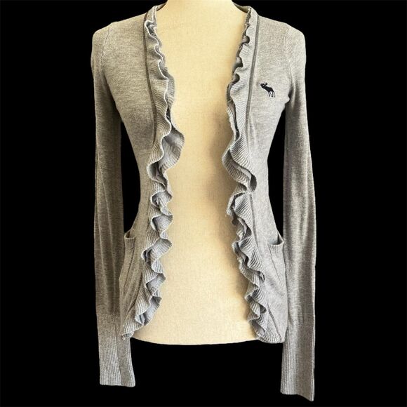 Abercrombie & Fitch Y2K Ruffle Cardigan Size XS Gray Logo Sweater Velvet Trimmed - Picture 1 of 13
